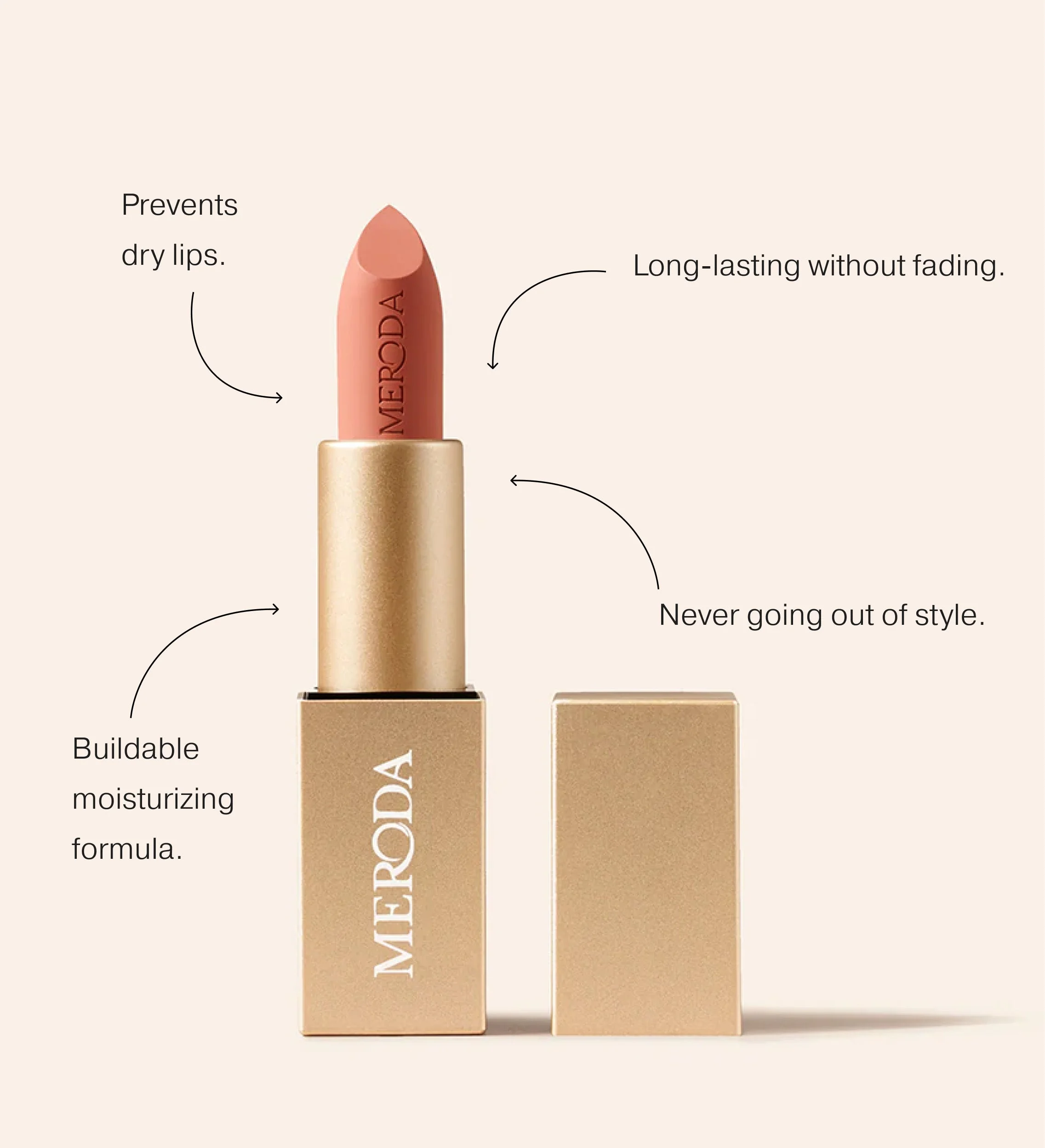 Velvet Dream Lipstick in Perfect Nude in a gold tube highlighting its long-lasting, buildable moisturizing formula.