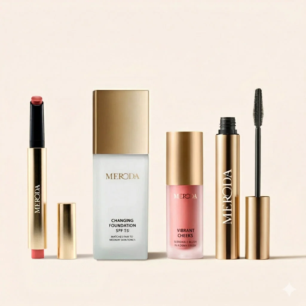 Meroda On The Go Bundle with gold Changing Foundation, Gilded Lashes Mascara, Vibrant Cheek Blush, and Hydrating Lip Tint.