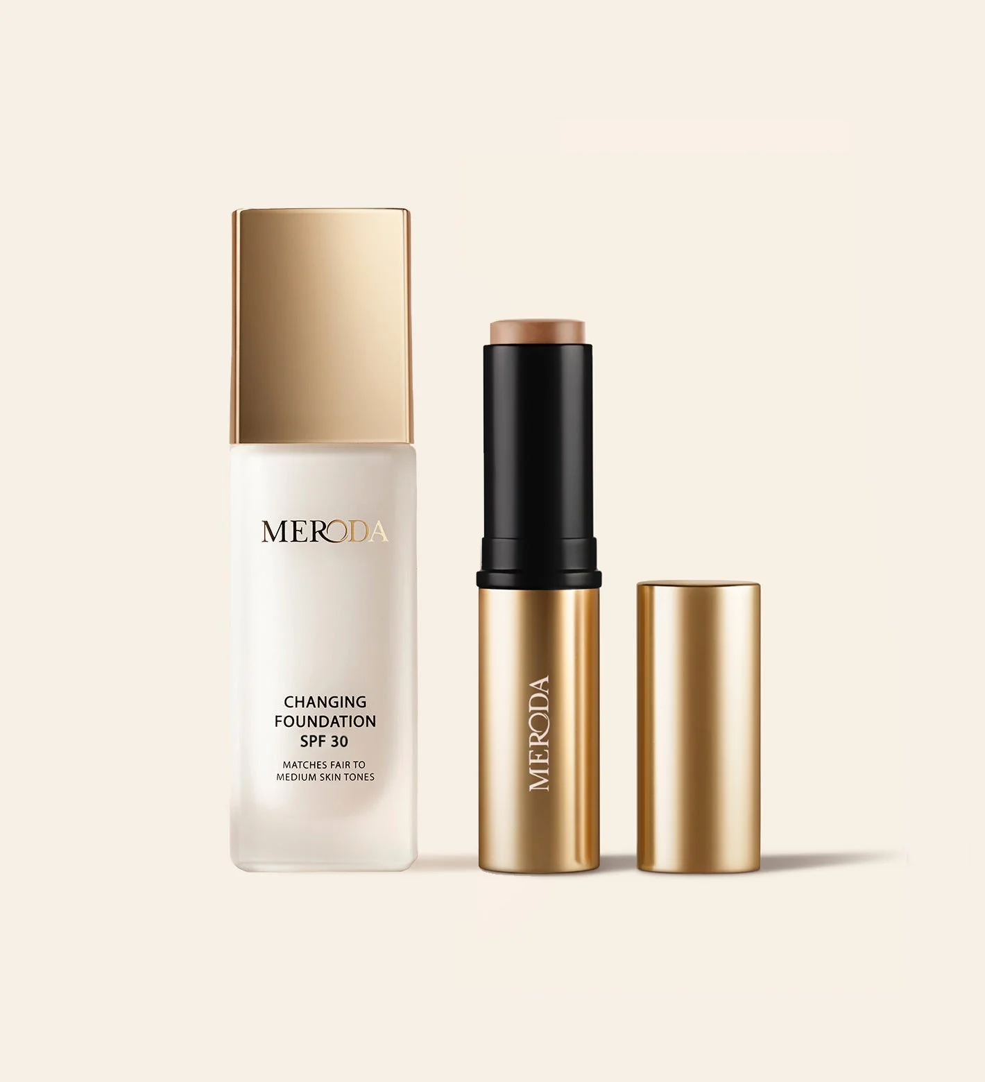 Bronzer Base Bundle featuring Changing Foundation SPF 30 and gold Soft Tan Bronzer stick on a light background.