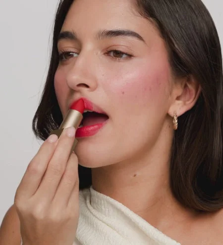 Luscious Red Velvet Dream Lipstick from the Luscious Lips Set applied for a bold, vibrant matte finish.