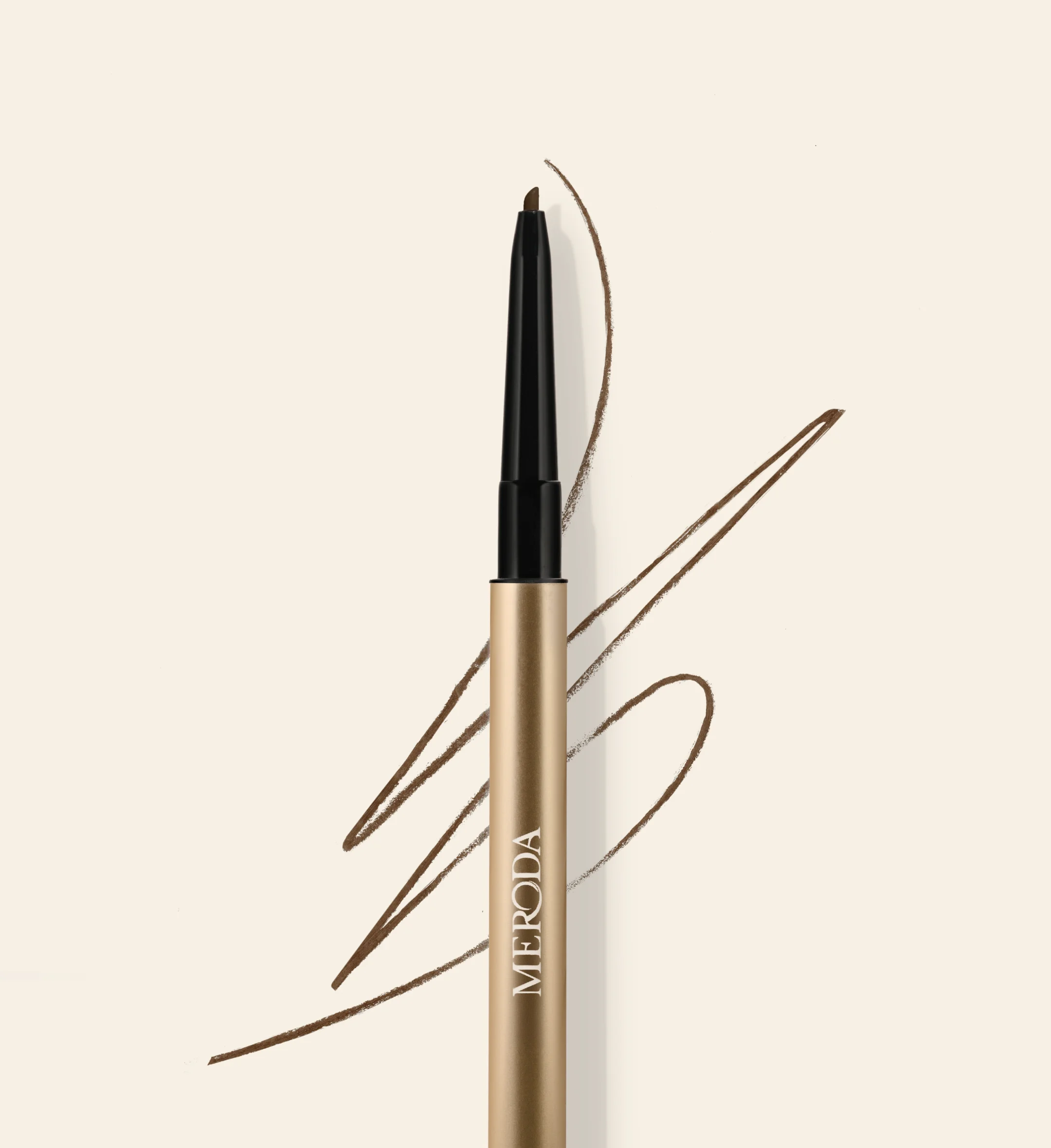 The Precision Brow Pencil in Cool Brown featuring an ultra-fine tip and a matching hair-like pigment swatch.