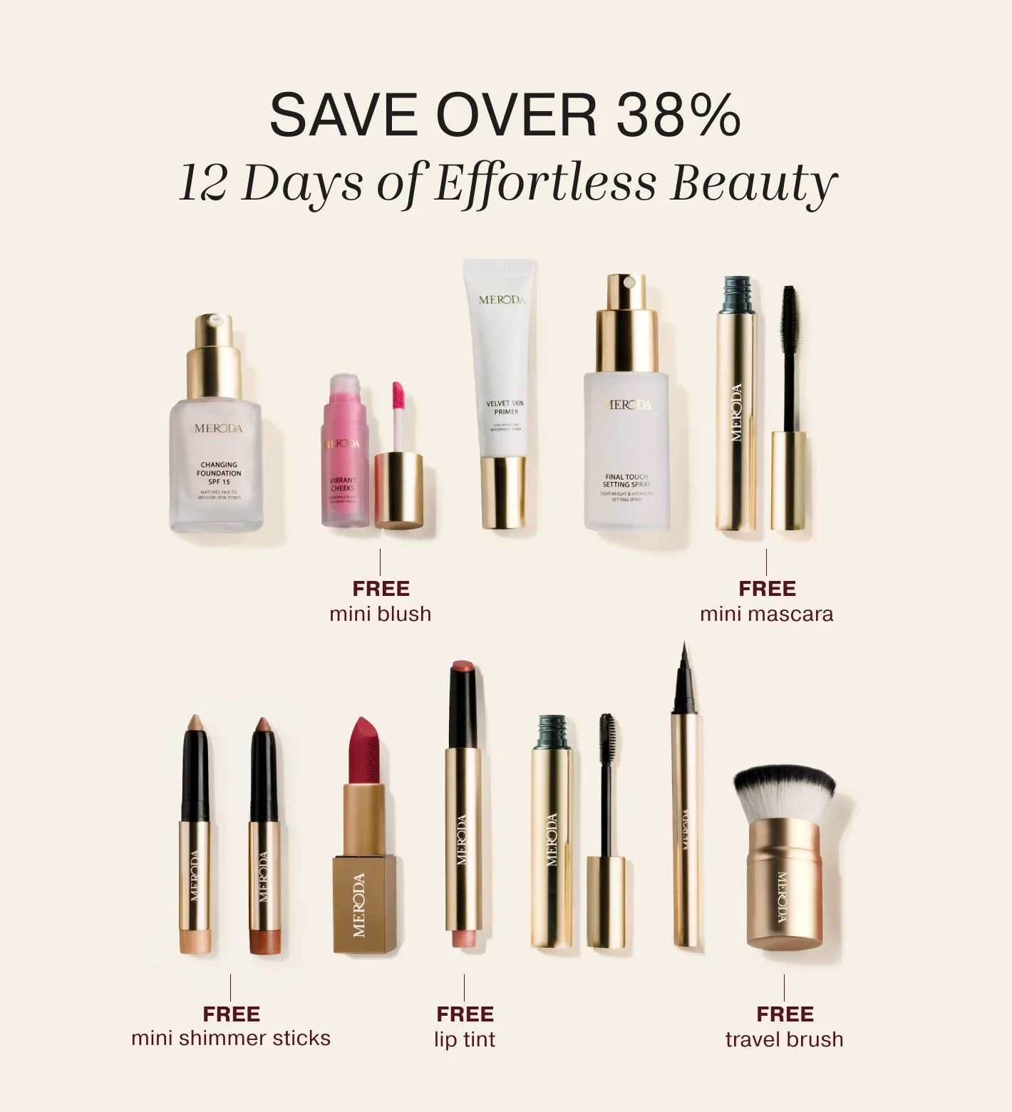 Meroda Cosmetics 12 Days of Effortless Beauty Advent Calendar contents displayed on a cream background