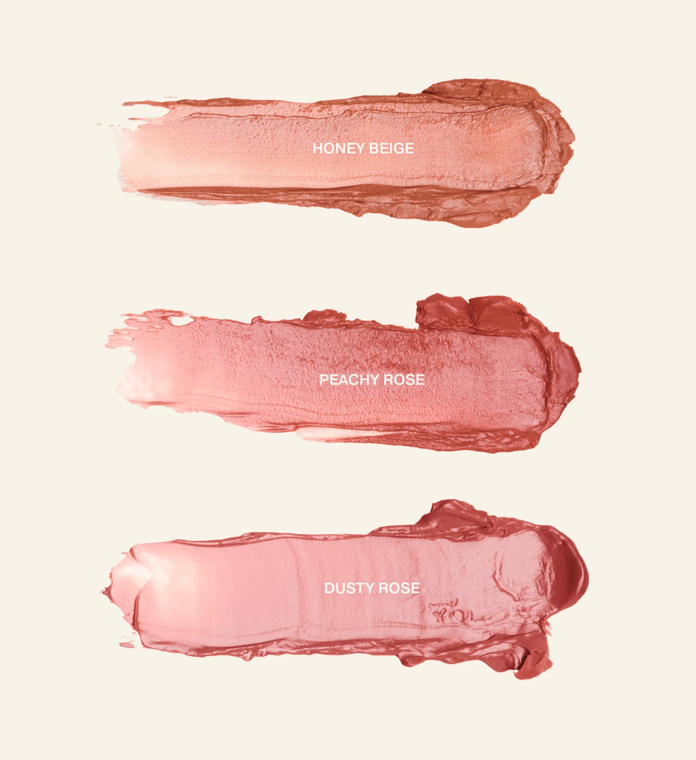 Mini Lip Tint Trio showing texture swatches for Honey Beige, Peachy Rose, and Dusty Rose shades.
