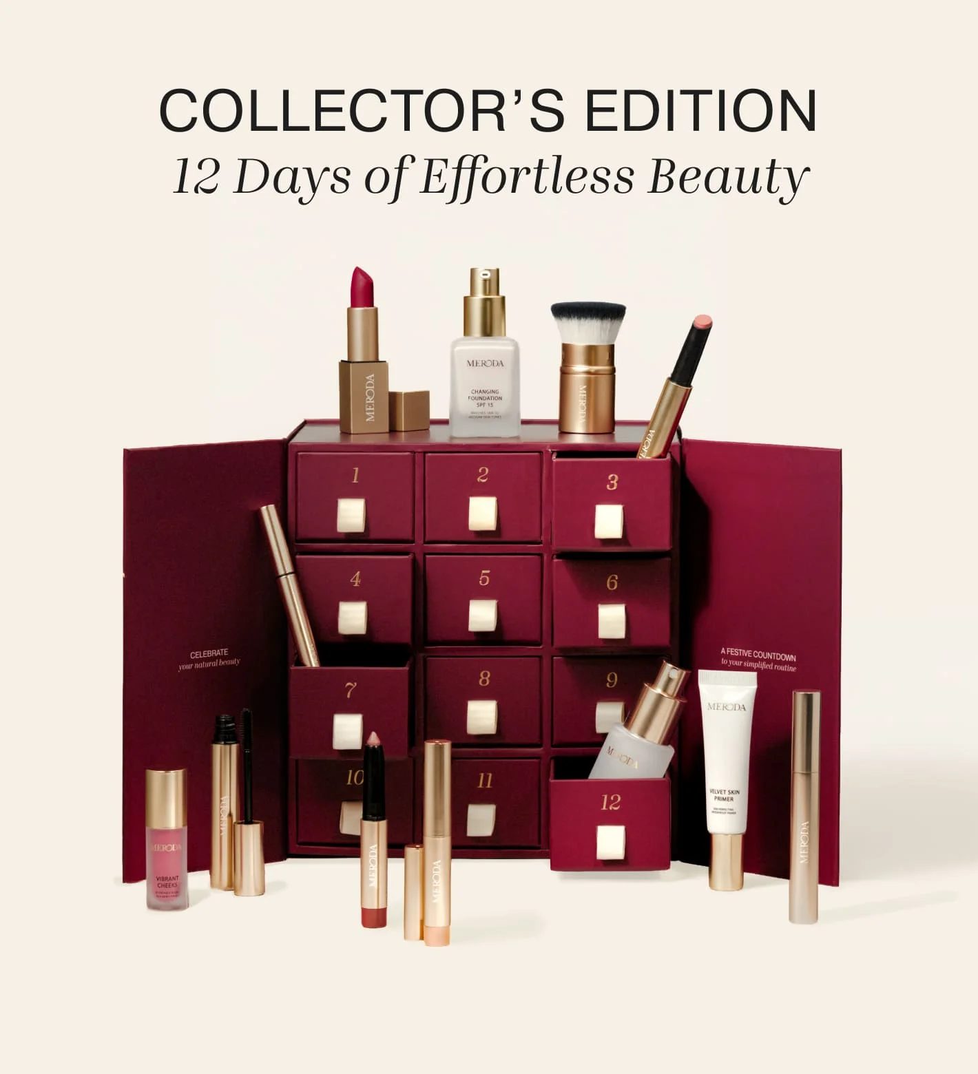 Advent Calendar - 12 Days of Effortless Beauty opened in burgundy, displaying gold-accented cosmetics on cream.