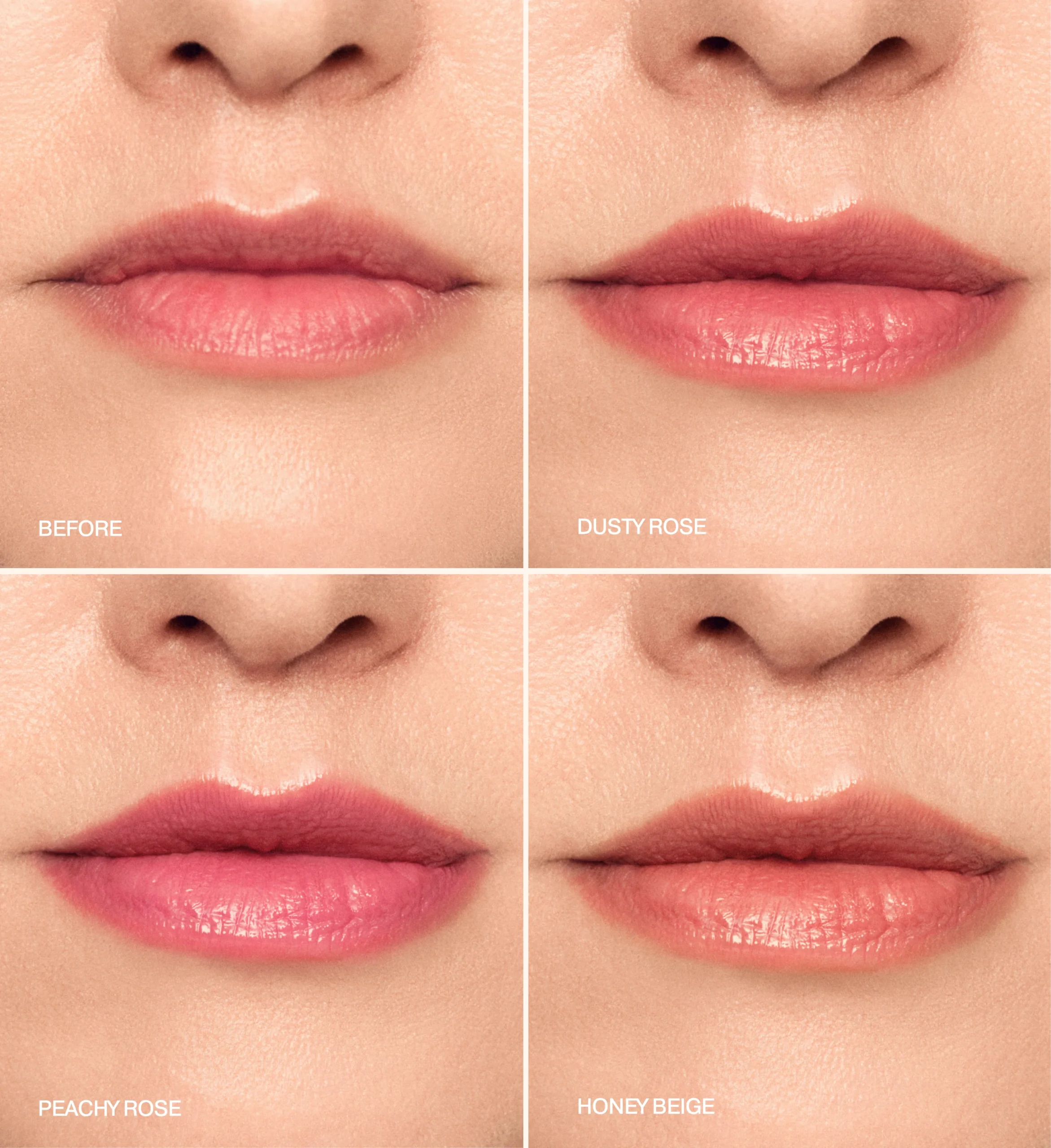 Mini Lip Tint Trio before application and after wearing Dusty Rose, Peachy Rose, and Honey Beige shades.
