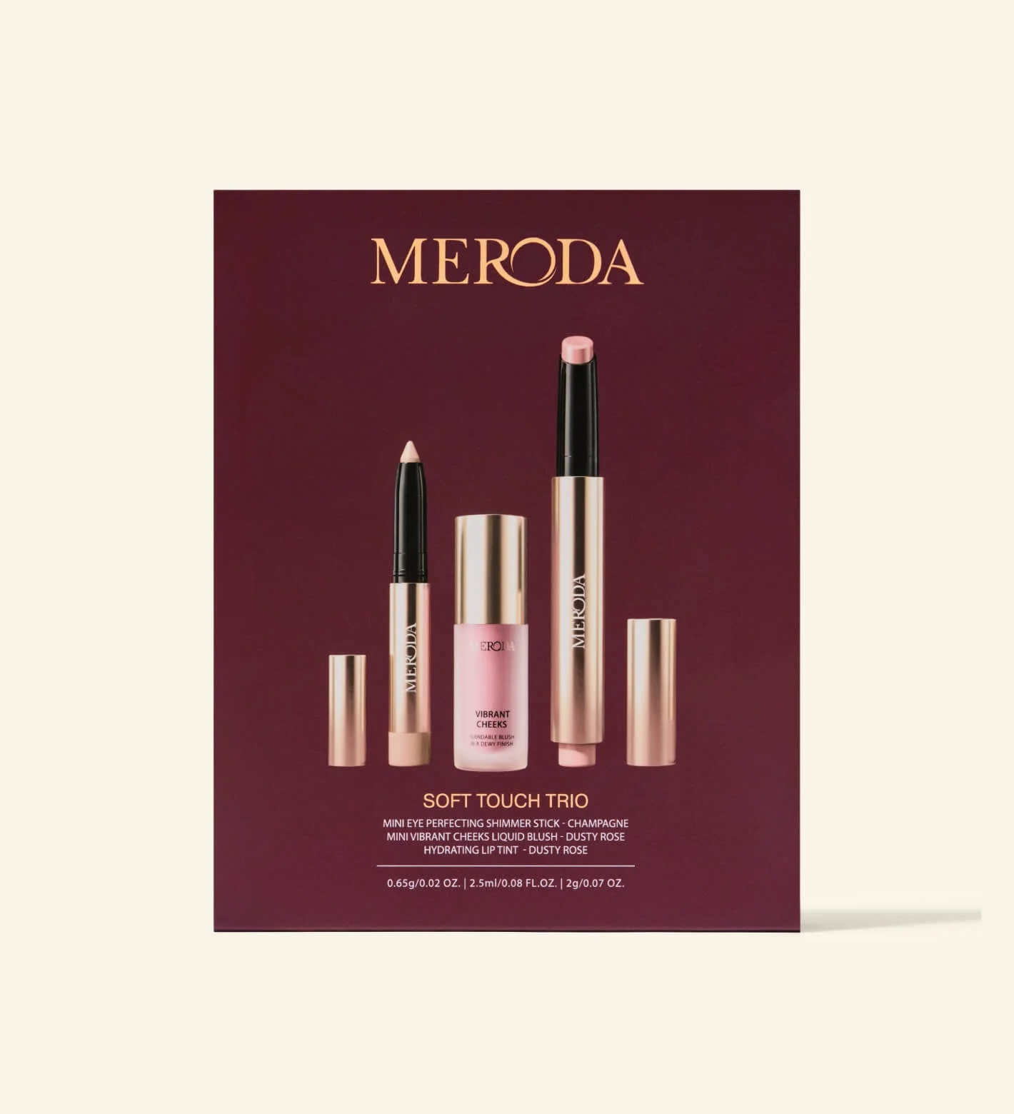 Soft Touch Trio gift set featuring the champagne eye shimmer stick, dusty rose liquid blush, and hydrating lip tint.